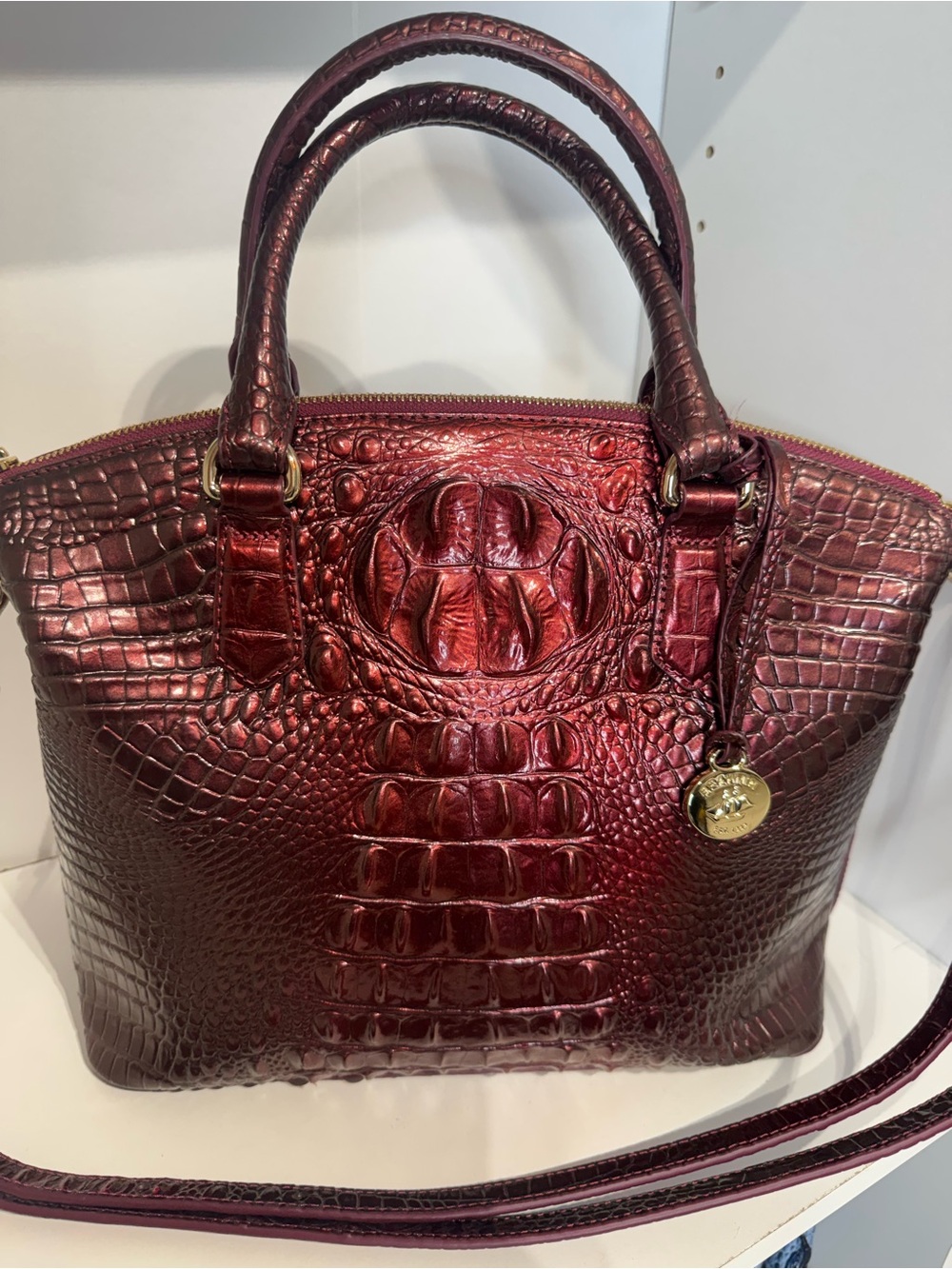 Brahmin Croc-Embossed Satchel in Deep Wine